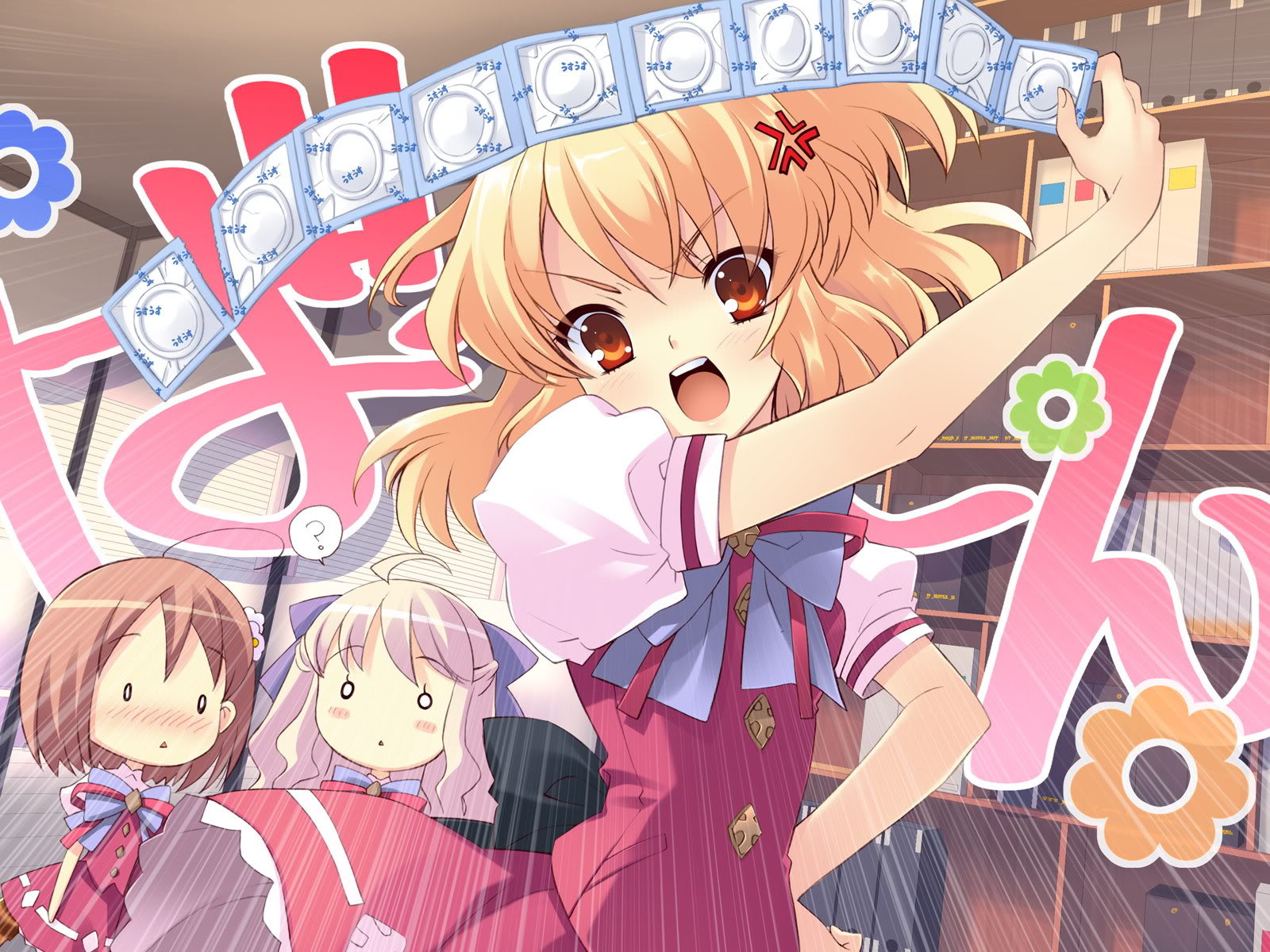 ito noizi, inaba yui, minase sakurako, sumeragi amane (flyable heart), flyable heart, game cg, highres, non-web source, 3girls, ?, chibi, condom, condom packet strip, condom wrapper, multiple girls, school uniform