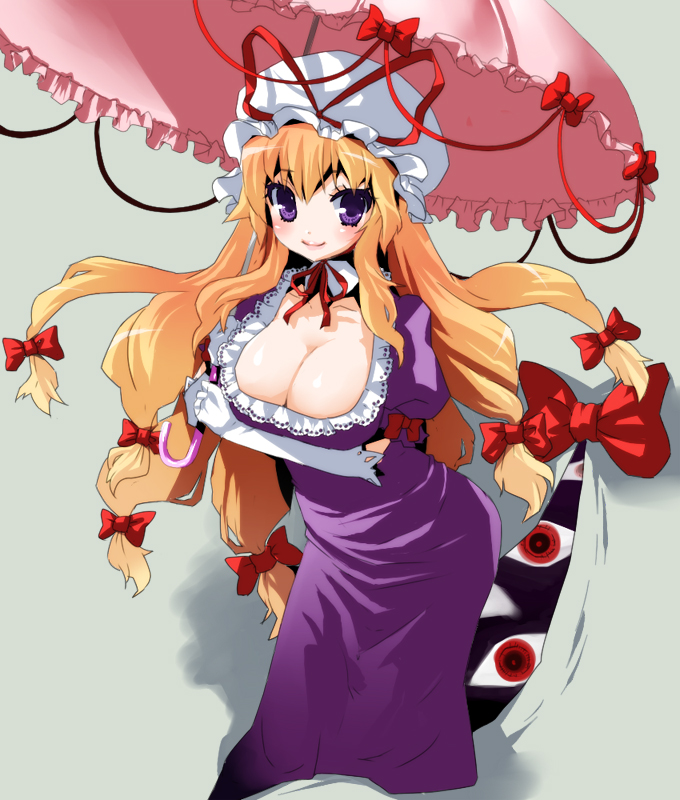 chikkuru, edcde, yakumo yukari, touhou, bad id, bad pixiv id, 1girl, blonde hair, breasts, cleavage, elbow gloves, female focus, gap (touhou), gloves, hat, large breasts, long hair, purple eyes, solo, umbrella