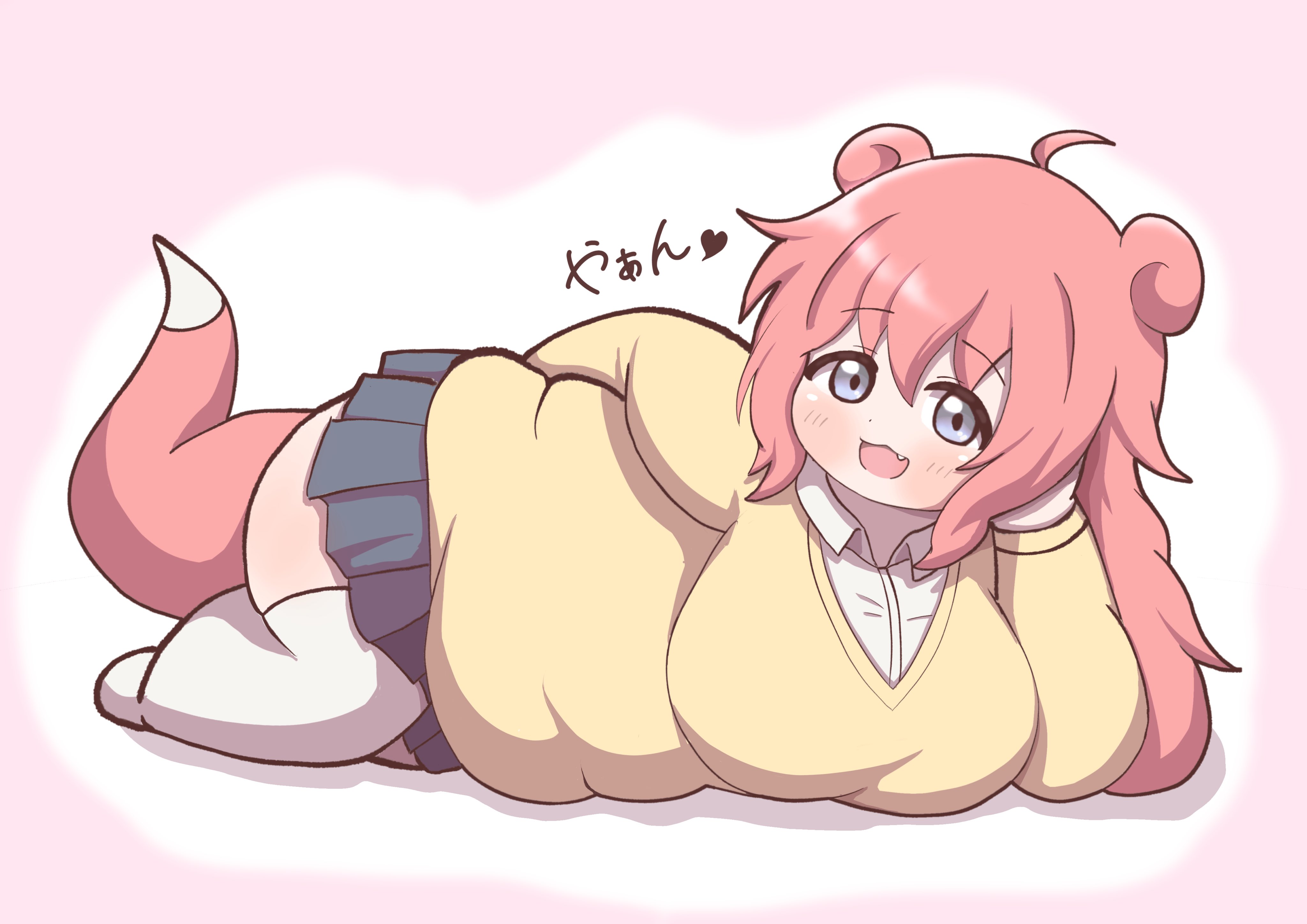 gyaru slowpoke (shin no tenpii), slowpoke, nintendo, pokemon, absurdres, commentary request, highres, 1girl, ahoge, big belly, borrowed design, breasts, brown sweater, cardigan, collared shirt, crossed bangs, fang, fangfan018, fat rolls, gen 1 pokemon, grey eyes, gyaru, hair between eyes, hand on own ass, hand on own face, kogal, large breasts, light blush, long hair, long sleeves, looking at viewer, lying, microskirt, on side, open mouth, personification, pink hair, pink tail, pleated skirt, plump, pokemon tail, shirt, simple background, skirt, solo, sweater, tail, tail under clothes, thighhighs, thighs, white thighhighs, zettai ryouiki