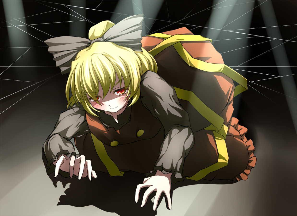 mille, kurodani yamame, touhou, 1girl, all fours, blonde hair, blush, bow, female focus, full body, hair bow, ponytail, red eyes, ribbon, silk, smile, solo, spider web