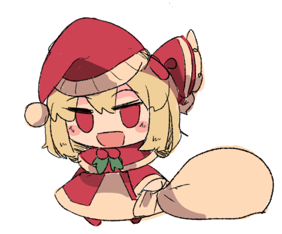 7-mirano, rumia, touhou, commentary, 1girl, bag, blonde hair, blush, capelet, chibi, dress, fur-trimmed capelet, fur-trimmed dress, fur-trimmed headwear, fur trim, gift bag, hair between eyes, hair ribbon, hat, holding, holding bag, holding sack, holly, meme, no pupils, open mouth, padoru (meme), red eyes, red hat, ribbon, sack, santa costume, santa dress, santa hat, short hair, solo