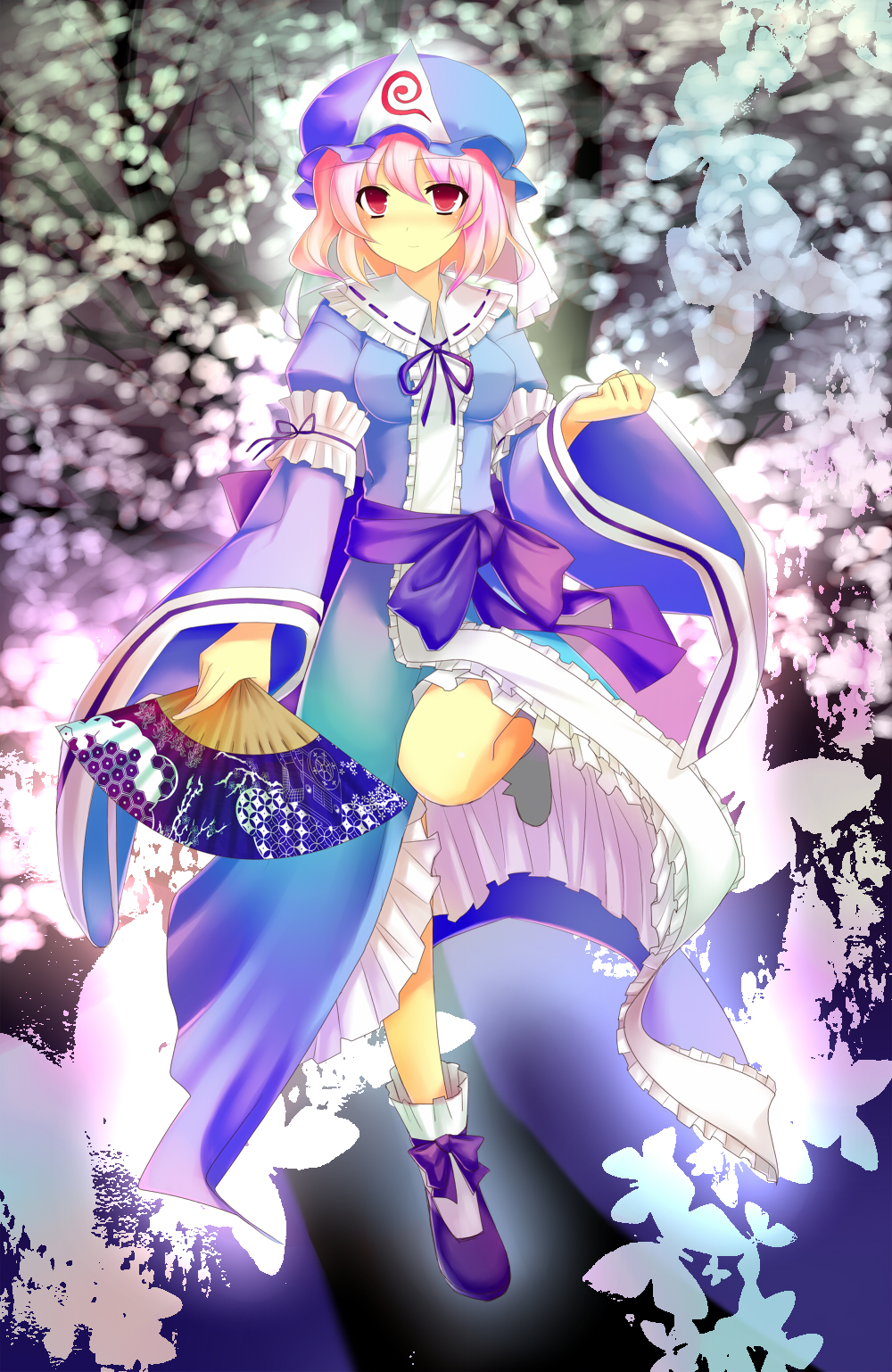 tsukumiya amane, saigyouji yuyuko, touhou, bad id, bad pixiv id, highres, 1girl, blurry, bug, butterfly, depth of field, female focus, folding fan, goshoguruma, gradient hair, hand fan, hat, hexagon, japanese clothes, kimono, multicolored hair, pink eyes, pink hair, saigyouji yuyuko's fan design, shippou (pattern), short hair, solo, standing, standing on one leg, tree