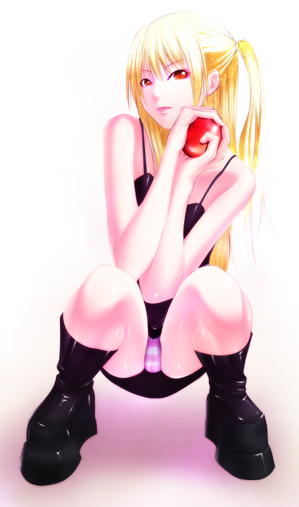 shokuyou mogura, amane misa, death note, platform footwear, 00s, 1girl, apple, bare shoulders, black boots, blonde hair, boots, female focus, food, fruit, gradient background, holding, holding food, holding fruit, looking at viewer, miniskirt, panties, pantyshot, pink panties, platform boots, red eyes, simple background, skirt, solo, squatting, striped clothes, striped panties, two side up, underwear