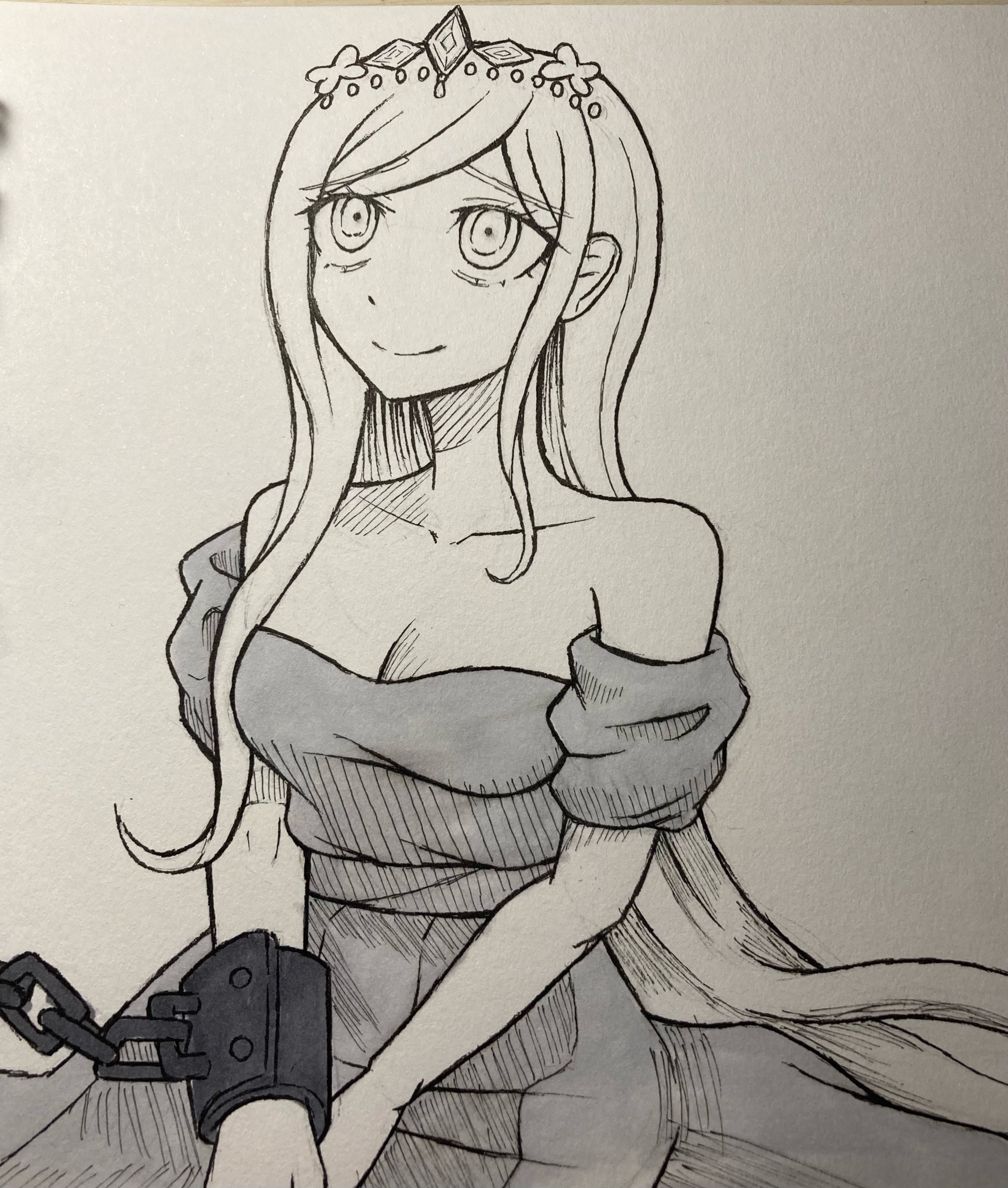 princess (slay the princess), sonia nevermind, danganronpa (series), danganronpa 2: goodbye despair, slay the princess, commentary, english commentary, highres, traditional media, 1girl, bare shoulders, breasts, chain, cleavage, closed mouth, collarbone, cosplay, dress, eyelashes, greyscale, headpiece, monochrome, princess (slay the princess) (cosplay), short sleeves, simple background, single sidelock, smile, solo, split mouth, thegreenteabox, white background