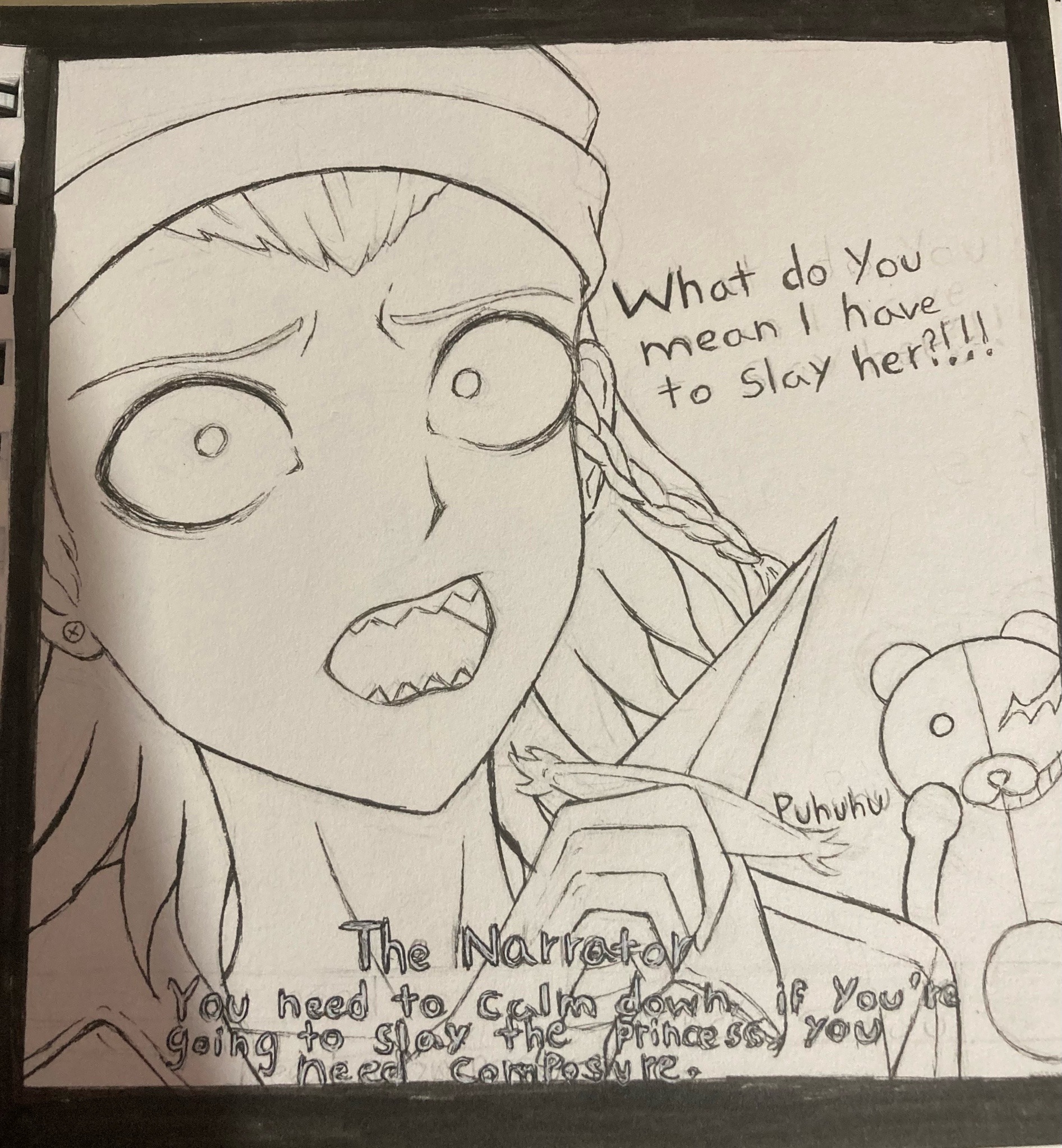 monokuma, soda kazuichi, danganronpa (series), danganronpa 2: goodbye despair, slay the princess, commentary, english commentary, highres, traditional media, 1boy, braid, dagger, earrings, english text, greyscale, grin, hat, holding, holding dagger, holding knife, holding weapon, jewelry, knife, laughing, male focus, monochrome, open mouth, sharp teeth, side braid, simple background, single braid, smile, solo focus, teeth, thegreenteabox, weapon, white background