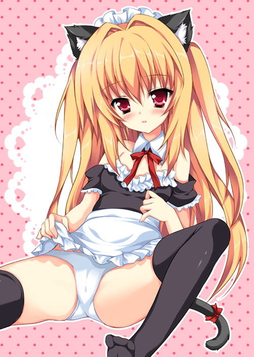 herurun, konjiki no yami, to love-ru, bad id, bad pixiv id, 00s, animal ears, apron, black thighhighs, blonde hair, blush, cat ears, cat tail, long hair, maid, maid apron, maid headdress, neck ribbon, panties, red eyes, ribbon, solo, tail, tail ornament, tail ribbon, thighhighs, underwear, very long hair