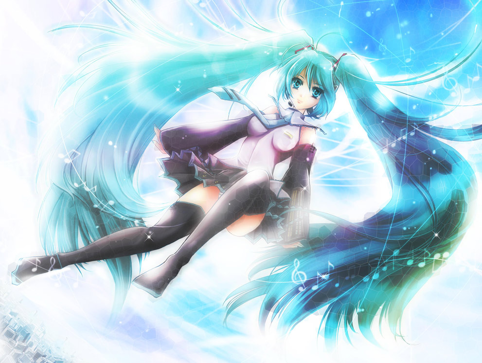 riria, hatsune miku, vocaloid, 1girl, aqua eyes, aqua hair, breasts, detached sleeves, female focus, headset, legs, long hair, necktie, panties, skirt, solo, thighhighs, twintails, underwear, very long hair