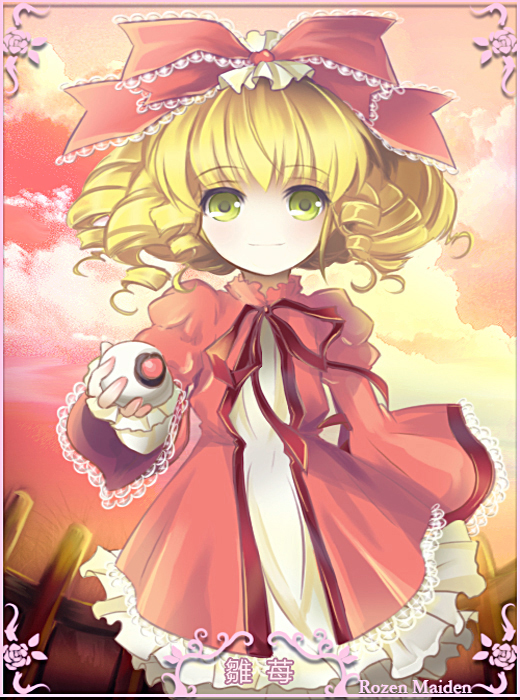 mtyy, hinaichigo, rozen maiden, 00s, 1girl, blonde hair, bow, dress, female focus, food, green eyes, hair bow, outdoors, ribbon, sky, solo
