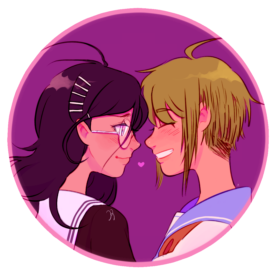 parucafe, fukawa toko, naegi komaru, danganronpa (series), danganronpa another episode: ultra despair girls, commentary, english commentary, 2girls, ahoge, antenna hair, blue sailor collar, blush, closed eyes, closed mouth, from side, glasses, green hair, grin, hair ornament, hairclip, heart, long hair, looking at another, multiple girls, profile, purple background, purple hair, round eyewear, round image, sailor collar, short hair, sidelocks, simple background, smile, undercut, very short hair, white sailor collar, yuri