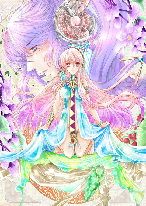 riria, kamui gakupo, megurine luka, vocaloid, armband, blue eyes, dress, flower, headset, kneeling, long hair, pink hair, purple hair, very long hair