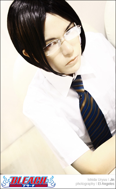 behindinfinity, ishida uryuu, bleach, gender request, photo (medium), 1girl, androgynous, black hair, blue necktie, cosplay, crossdressing, female focus, frown, glasses, necktie, reverse trap, shirt, solo, striped clothes, striped necktie, white shirt, yellow necktie