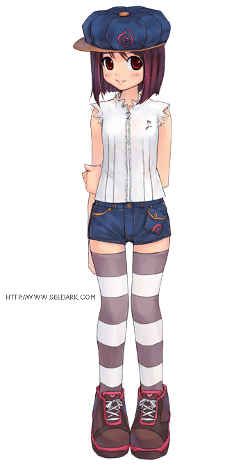 seedark, original, 1girl, brown hair, female focus, hat, legs, red eyes, shirt, shoes, short hair, short shorts, shorts, solo, striped clothes, striped thighhighs, thighhighs, transparent background