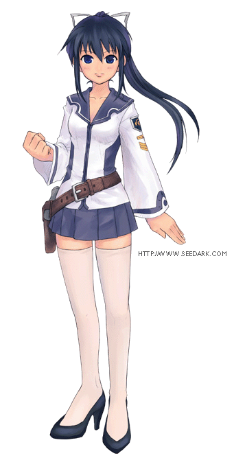 seedark, original, 1girl, belt, blue eyes, blue hair, clenched hand, female focus, full body, gun, hair ribbon, high heels, holster, legs, lips, long hair, matching hair/eyes, ponytail, ribbon, shoes, skirt, solo, thighhighs, transparent background, weapon, white thighhighs, zettai ryouiki