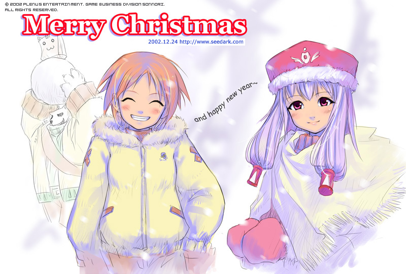 seedark, 2girls, :d, ^ ^, beret, blush, capelet, christmas, closed eyes, coat, english text, gloves, grin, hat, long sleeves, multiple girls, open mouth, red gloves, sidelocks, smile, teeth, winter clothes, winter coat, zipper