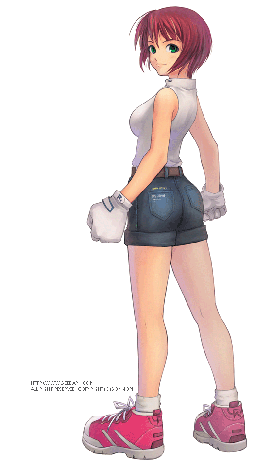 seedark, original, 1girl, breasts, female focus, from behind, gloves, green eyes, legs, lips, looking back, pink hair, red hair, short hair, shorts, solo, transparent background