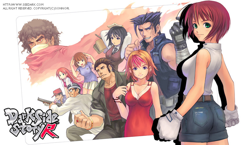 seedark, darkside story r, eyebrows, 5boys, 5girls, :d, arms behind head, ass, bandages, belt, bent over, black hair, blue eyes, blue hair, blunt bangs, bob cut, book, bracelet, brown hair, cigarette, clenched hand, clenched hands, cloak, coin, curly hair, denim, denim shorts, dress, everyone, from behind, glasses, gloves, green eyes, grin, gun, hat, headband, jewelry, lineup, long hair, looking back, mask, mouth hold, multicolored hair, multiple boys, multiple girls, muscular, necktie, open clothes, open mouth, open shirt, orange hair, pink hair, pleated skirt, red eyes, red hair, ring, scar, shirt, short hair, short shorts, shorts, shotgun, sideburns, skirt, sleeveless, sleeveless shirt, sleeveless turtleneck, sleeves rolled up, smile, smoking, spiked hair, standing, thumbs up, torn clothes, turtleneck, two-tone hair, vest, weapon