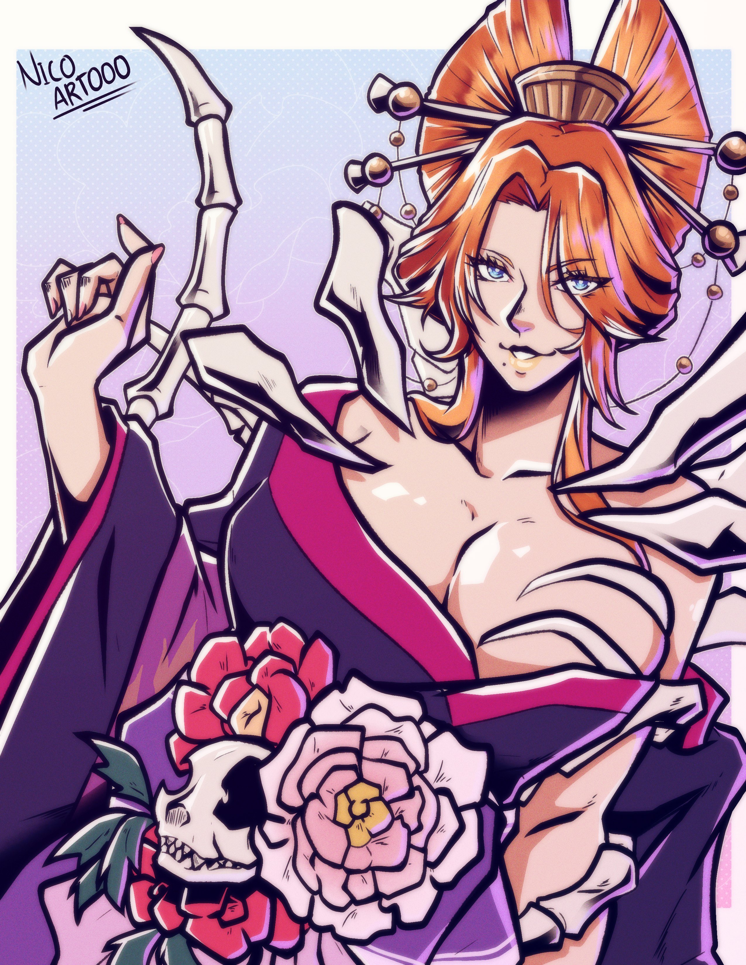 nico artooo, matsumoto rangiku, bleach, bleach: brave souls, 1girl, blue eyes, breasts, cleavage, collarbone, hair ornament, large breasts, official alternate costume, orange hair, solo