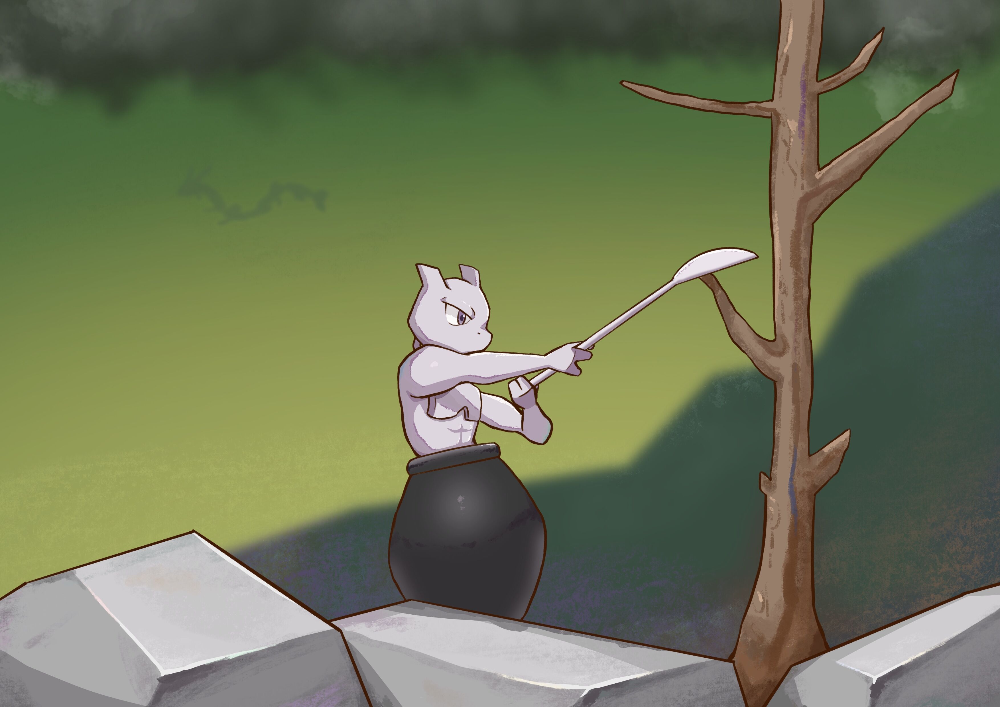 zhen xionggui, mewtwo, rayquaza, getting over it, nintendo, pokemon, pokemon adventures, absurdres, chinese commentary, commentary request, highres, bare tree, blurry, blurry background, cloud, gen 1 pokemon, gen 3 pokemon, holding, holding spoon, in cauldron, legendary pokemon, outdoors, oversized object, oversized spoon, pokemon (creature), pokemon focus, purple eyes, solo focus, spoon, tree