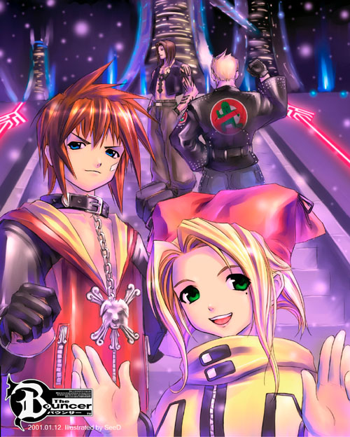 seedark, dominique cross, kou leifoh, sabotender, sion barzahd, volt kreuger, the bouncer, 1girl, 3boys, blonde hair, blue eyes, brown hair, gloves, green eyes, hat, mole, multiple boys, open clothes, open shirt, shirt, short hair, snow, tattoo, winter