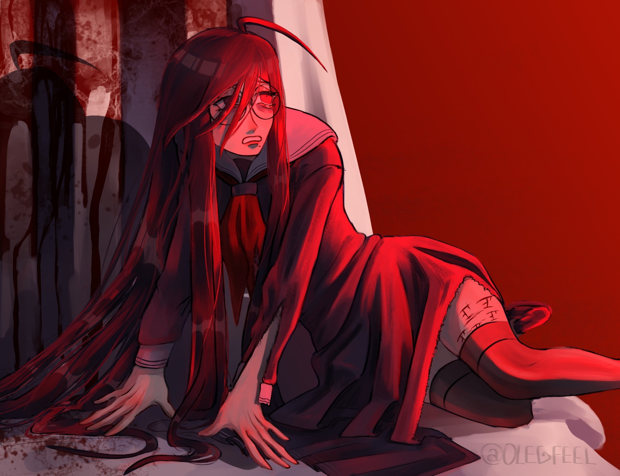 fukawa toko, danganronpa (series), danganronpa another episode: ultra despair girls, highres, 1girl, ahoge, blood, blood on ground, blood on wall, collared shirt, eyelashes, glasses, hair between eyes, long hair, long sleeves, mole, mole under mouth, neckerchief, olegfeel, red neckerchief, round eyewear, sailor collar, scar, scar on leg, school uniform, serafuku, shirt, shoes, skirt, solo, tally, thighhighs, torn clothes, torn skirt, torn sleeve, very long hair, white sailor collar