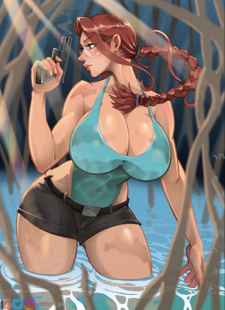 lara croft, tomb raider, commentary, english commentary, aqua leotard, artist name, breasts, brown eyes, brown hair, brown shorts, cleavage, glasses, gun, handgun, holding, holding gun, holding weapon, instagram logo, large breasts, leotard, long hair, looking back, patreon logo, ponytail, short shorts, shorts, twitter logo, vittorio giorgi, water, weapon