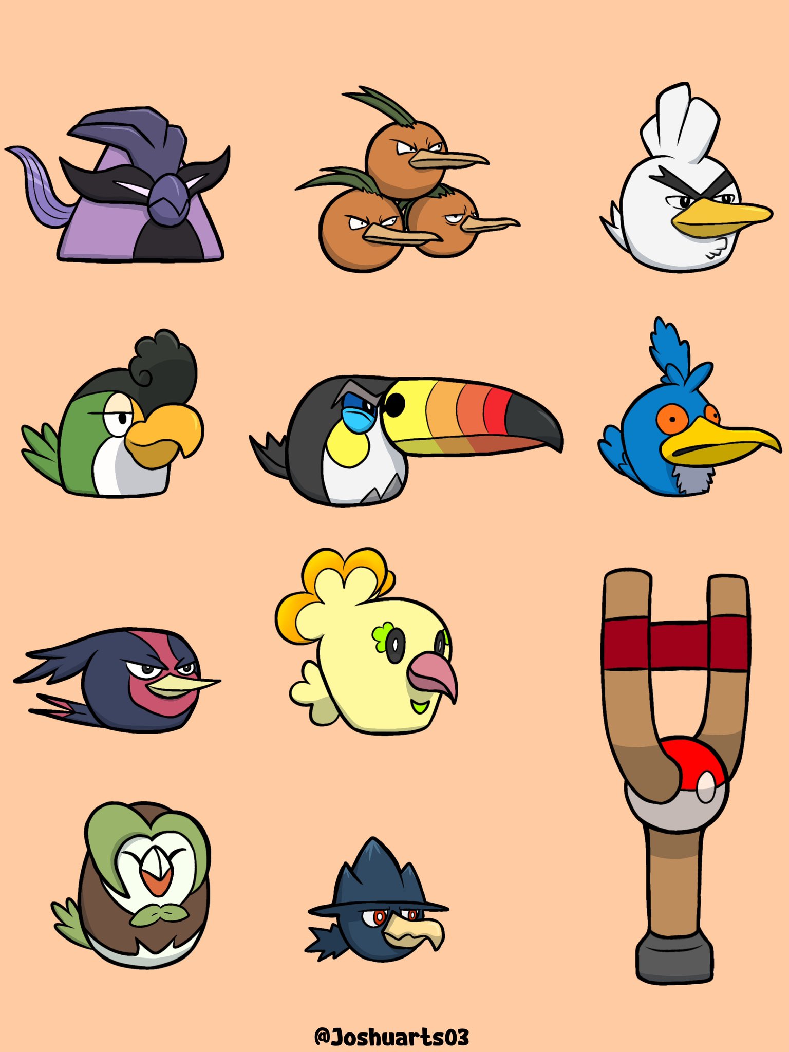 cramorant, dartrix, dodrio, galarian articuno, murkrow, oricorio, oricorio (pom-pom), sirfetch'd, squawkabilly, squawkabilly (green), swellow, toucannon, angry birds, nintendo, pokemon, commentary, highres, animal focus, bird, boots, bright pupils, brown boots, closed eyes, closed mouth, galarian form, gen 1 pokemon, gen 2 pokemon, gen 3 pokemon, gen 7 pokemon, gen 8 pokemon, joshuarts03, legendary pokemon, no humans, parody, poke ball, poke ball (basic), pokemon (creature), pokemon focus, red eyes, simple background, slingshot (weapon), style parody, twitter username, white pupils