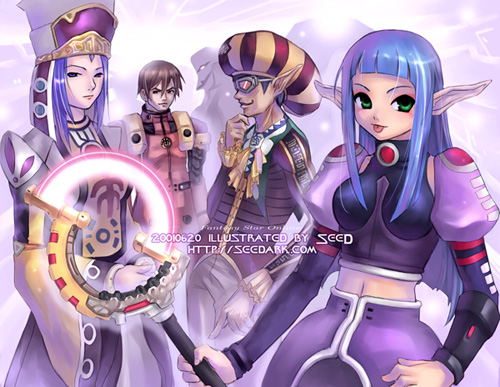 seedark, alicia baz, ash (phantasy star online), fomarl, fonewearl, fonewm, humar, jean carlo montague, kireek, rupika, phantasy star, phantasy star online, sega, lowres, 2boys, 2girls, :p, blue hair, brown hair, dated, goggles, green eyes, hat, multiple boys, multiple girls, no headwear, pointy ears, purple theme, tongue, tongue out