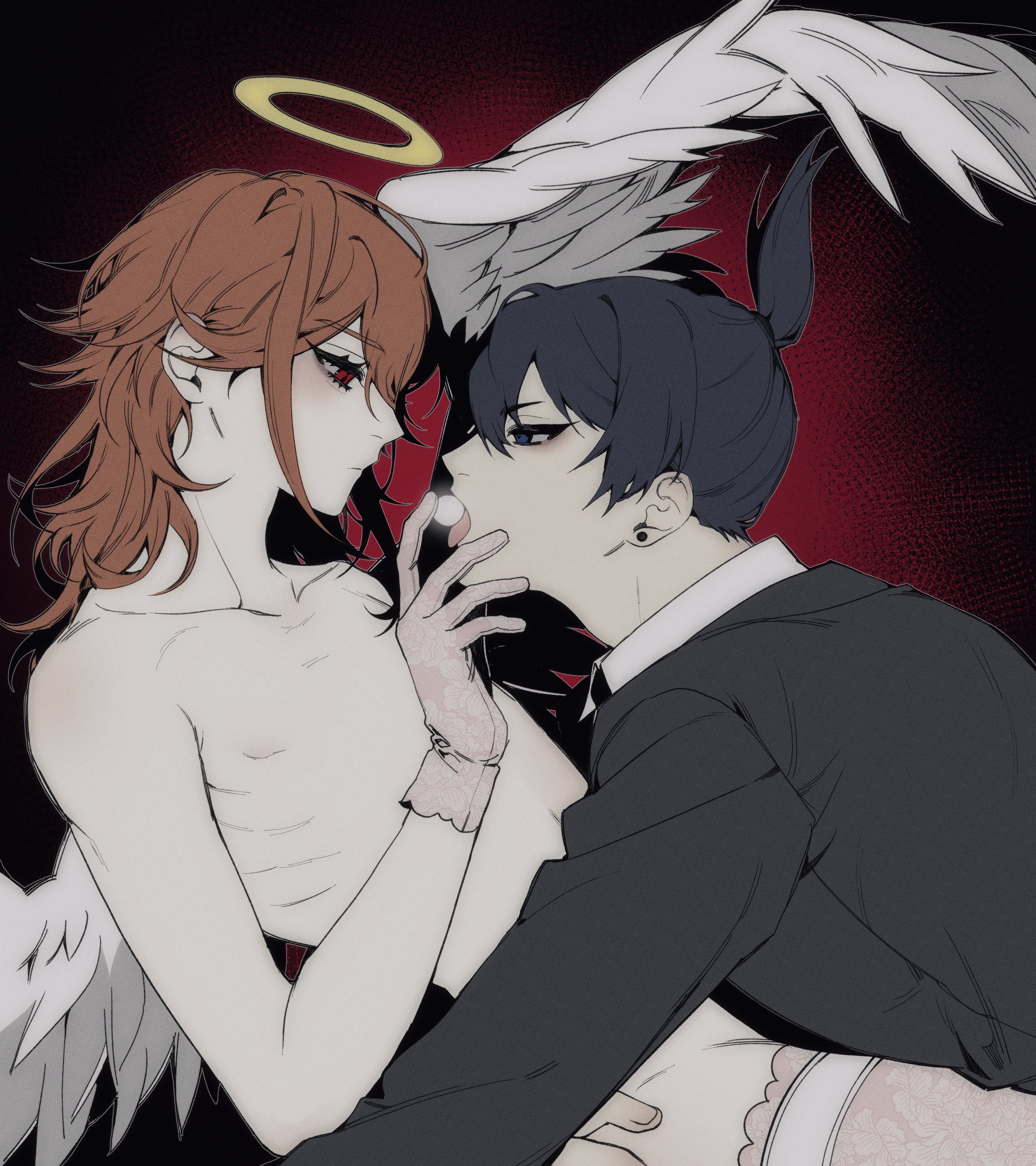 angel devil (chainsaw man), hayakawa aki, chainsaw man, absurdres, commentary request, highres, korean commentary, 2boys, angel wings, black hair, black jacket, black necktie, brown hair, collared shirt, e96l2, earrings, floral print gloves, floral print thighhighs, gloves, grey eyes, hair between eyes, halo, hand on another's face, jacket, jewelry, male focus, multiple boys, necktie, ponytail, print gloves, print thighhighs, red eyes, shirt, short ponytail, suit jacket, thighhighs, tongue, tongue out, topless male, upper body, white shirt, white wings, wings, yaoi