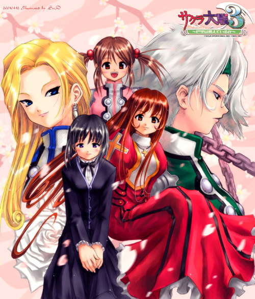 seedark, coquelicot (sakura taisen), erica fontaine, glycine bleumer, kitaooji hanabi, lobelia carlini, sakura taisen, sakura taisen iii, sega, 00s, 5girls, black hair, blonde hair, blue eyes, brown eyes, brown hair, chain, cross, dress, earrings, glasses, jewelry, long hair, multiple girls, purple eyes, short hair, short twintails, smile, twintails, white hair