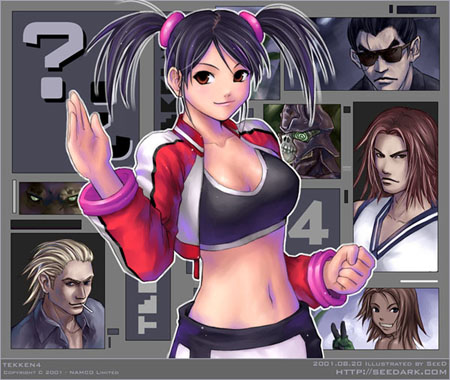 seedark, christie monteiro, hwoarang (tekken), king (tekken), ling xiaoyu, mishima kazuya, steve fox, yoshimitsu (namco), namco, tekken, tekken 4, lowres, 2girls, 3boys, ?, brazil, breasts, cleavage, collarbone, cowboy shot, looking at viewer, mexico, midriff, multiple boys, multiple girls, navel, short hair, smile, solo focus, stomach, twintails