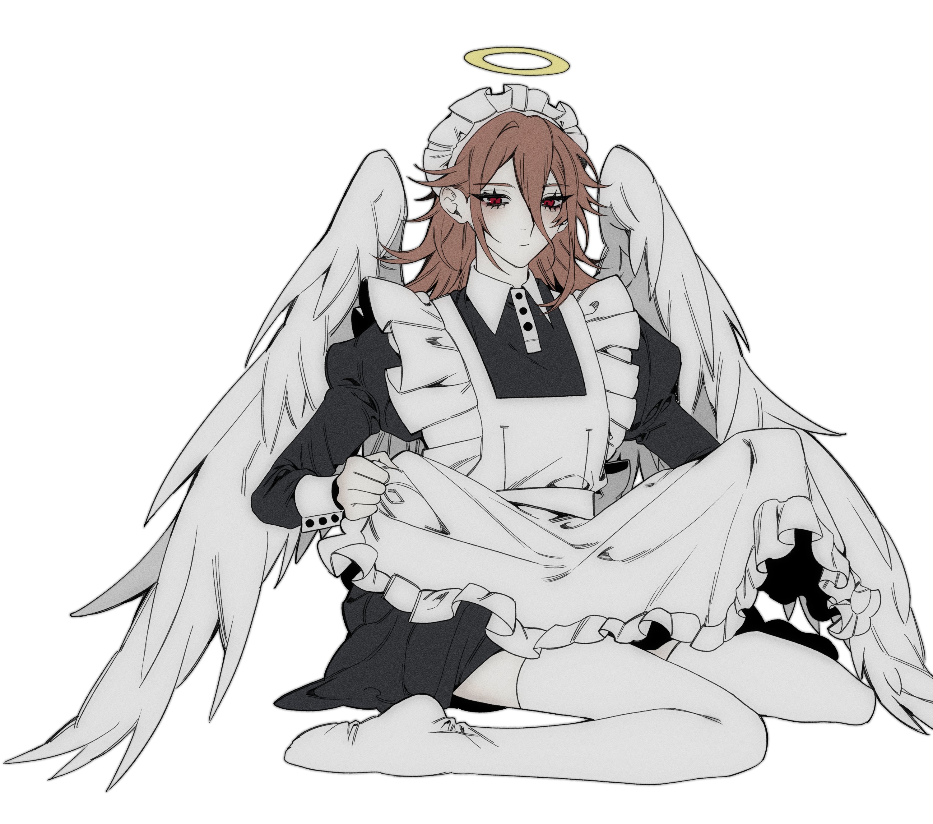 angel devil (chainsaw man), chainsaw man, absurdres, commentary request, highres, korean commentary, 1boy, androgynous, angel wings, apron, black dress, brown hair, collared dress, crossdressing, crossdressing (mtf), dress, e96l2, frilled apron, frills, full body, hair between eyes, halo, juliet sleeves, long hair, long sleeves, maid, maid apron, maid headdress, male focus, puffy sleeves, red eyes, sitting, solo, thighhighs, white apron, white background, white thighhighs, white wings, wings