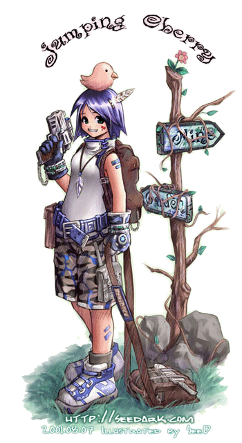 seedark, 1girl, animal, animal on head, bird, bird on head, female focus, gun, on head, short hair, shorts, smile, solo, standing, transparent background, weapon