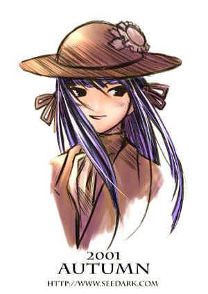 seedark, lowres, 1girl, black eyes, blue hair, female focus, hat, long hair, no nose, purple hair, smile, solo, watermark, web address, white background