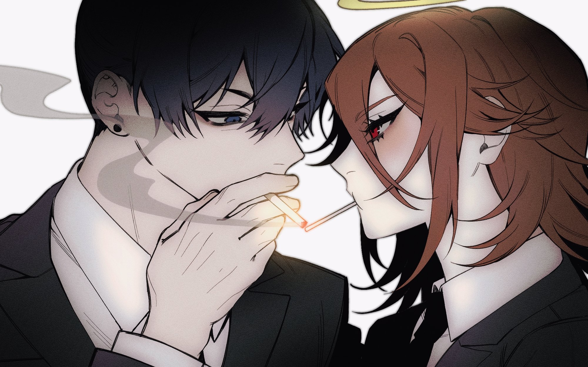 angel devil (chainsaw man), hayakawa aki, chainsaw man, commentary request, highres, 2boys, black hair, black jacket, black necktie, blue eyes, brown hair, cigarette, cigarette kiss, collared shirt, e96l2, earrings, hair between eyes, halo, holding, holding cigarette, jacket, jewelry, lighting another's cigarette, long hair, male focus, multiple boys, necktie, red eyes, shirt, short hair, smoking, suit jacket, upper body, white background, white shirt