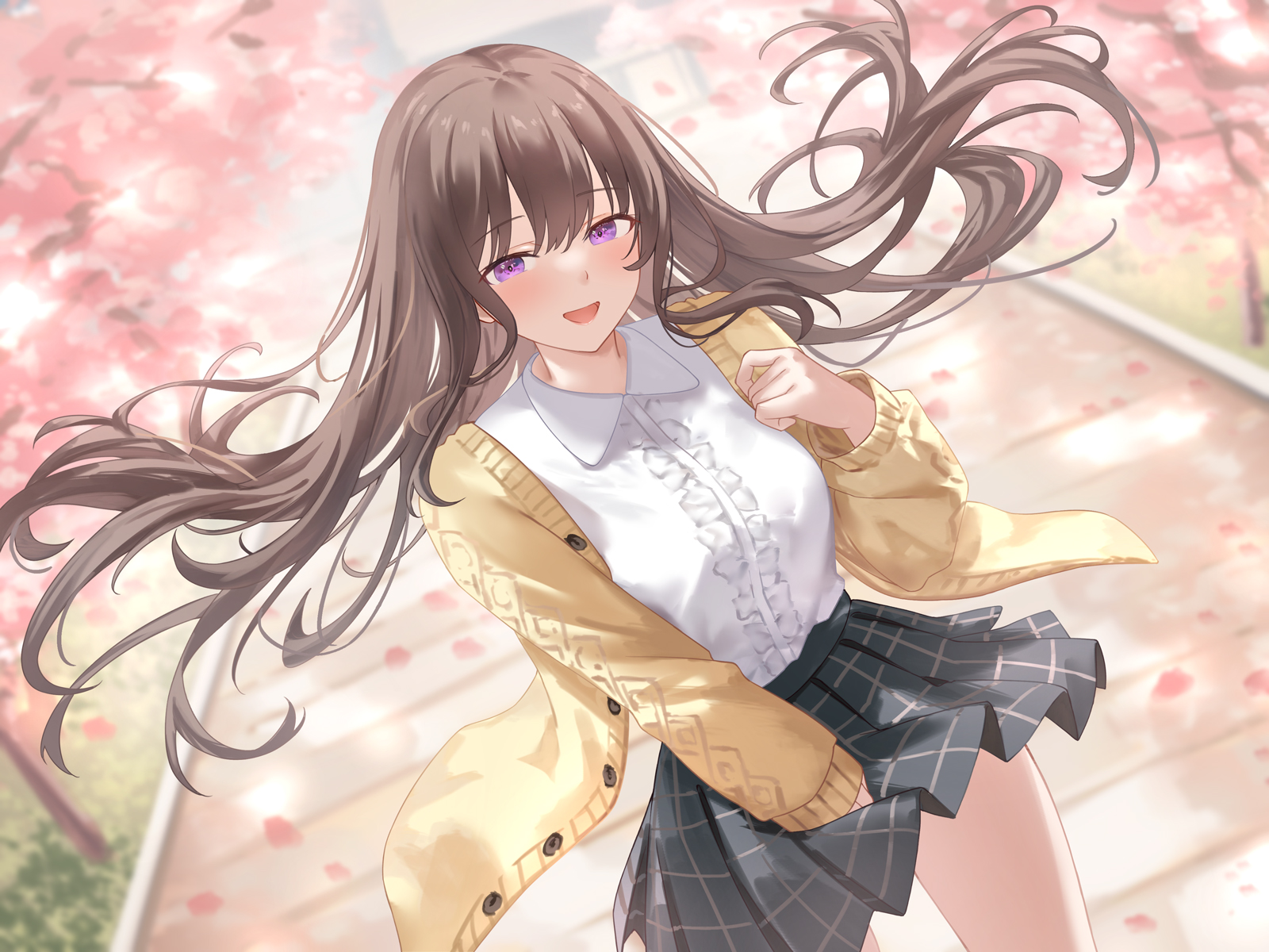 suzuame yatsumi, original, highres, 1girl, :d, black skirt, blurry, blurry background, blush, brown hair, cardigan, cherry blossoms, clothes lift, dutch angle, long hair, long sleeves, looking at viewer, open mouth, purple eyes, road, school uniform, shirt, sidelocks, skirt, skirt lift, smile, solo, standing, sweater, vanishing point, white shirt, wind, wind lift, yellow cardigan