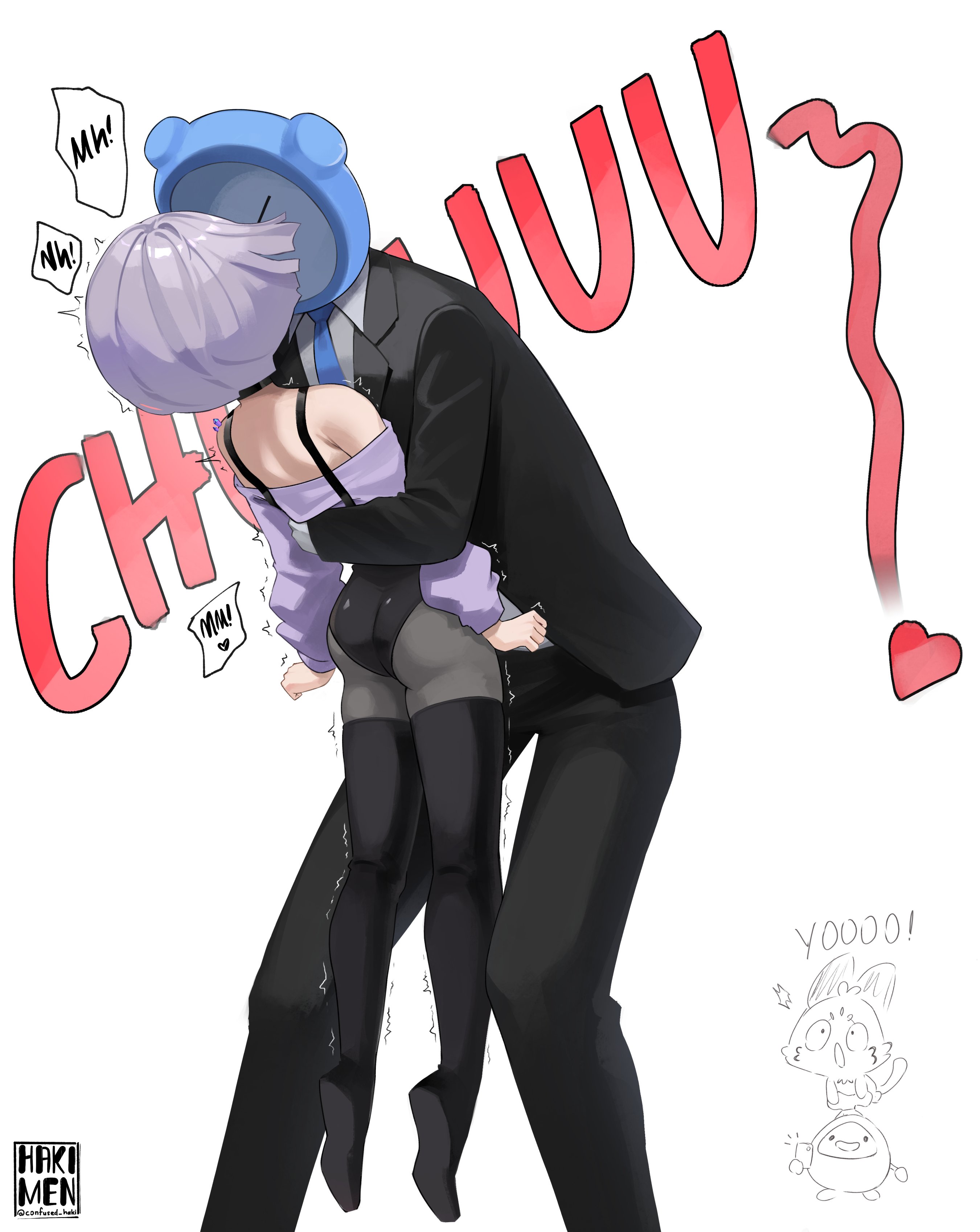 hakimen, chattino (raora panthera), kronie (ouro kronii), otomo (cecilia immergreen), pebble (koseki bijou), hololive, hololive english, absurdres, commentary, english commentary, highres, 1boy, 1other, artist name, black jacket, black pants, black pantyhose, black shorts, black suspenders, blue necktie, boots, chibi, chibi inset, collared shirt, dress, formal clothes, hanging legs, height difference, hug, jacket, kiss, lifting person, necktie, object head, off-shoulder dress, off shoulder, pants, pantyhose, purple dress, purple hair, shirt, short hair, shorts, simple background, sound effects, speech bubble, suit, taking picture, thigh boots, trembling, twitter username, underwear, white background, white dress, white shirt