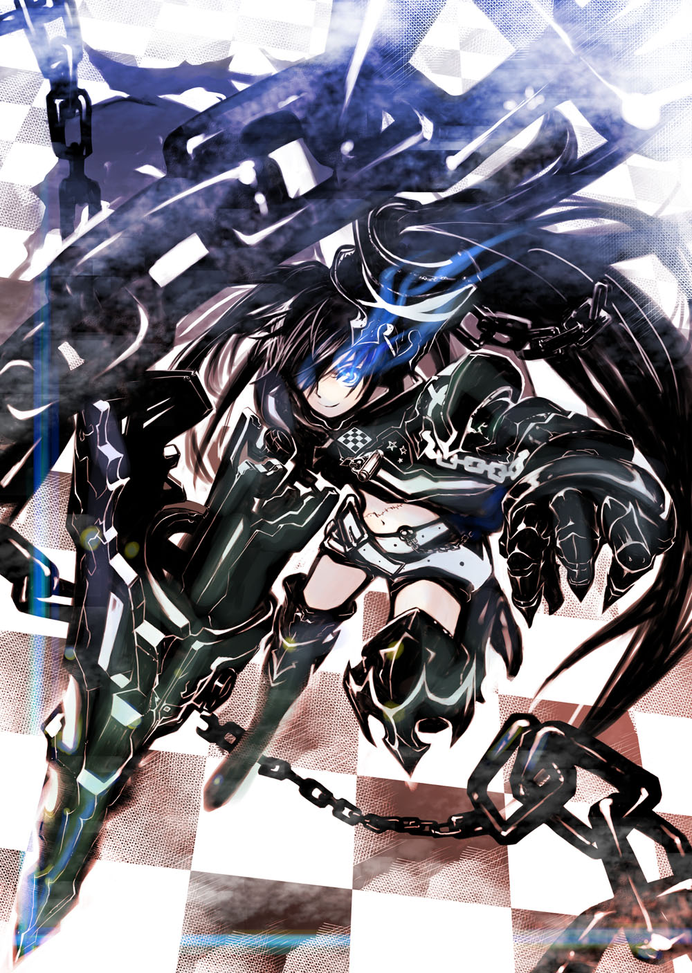 sanukiyan, insane black rock shooter, black rock shooter, highres, 10s, 1girl, belt, belt skirt, black hair, chain, female focus, glowing, glowing eyes, long hair, midriff, pale skin, shorts, solo, twintails, uneven twintails, very long hair