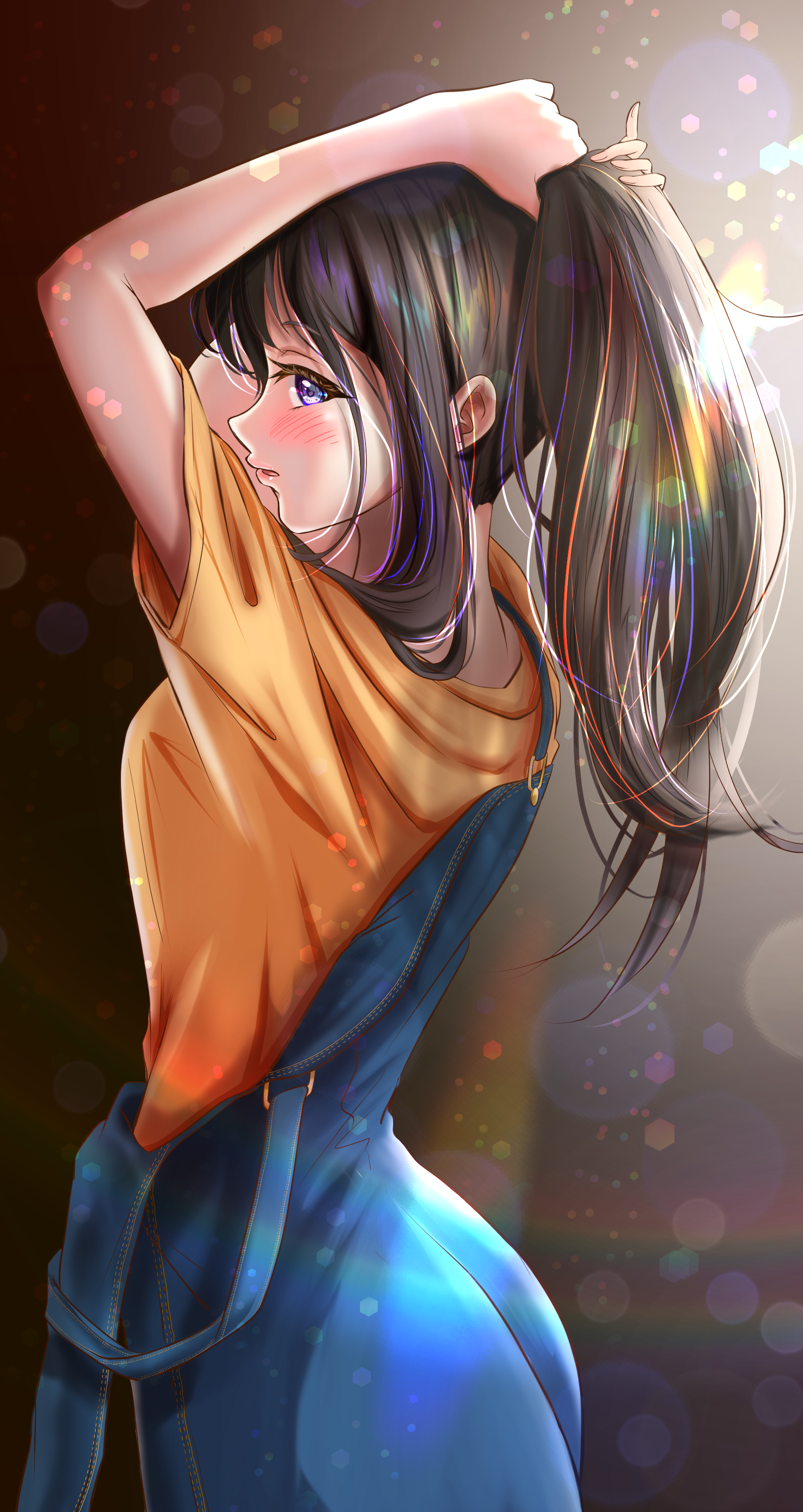 kakikakilemon, inoue takina, lycoris recoil, absurdres, commentary request, highres, 1girl, black hair, blue overalls, blush, dappled sunlight, long hair, looking at viewer, looking to the side, orange shirt, overalls, ponytail, purple eyes, shirt, sunlight