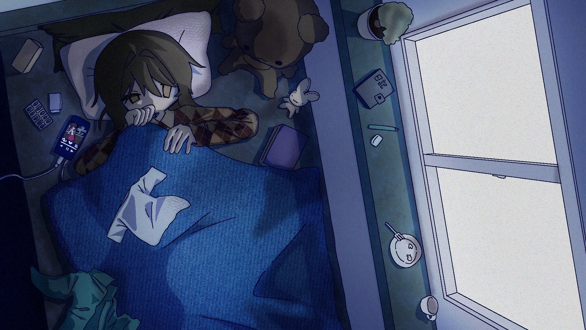 sn (sn utu00), kaai yuki, vocaloid, hashtag-only commentary, highres, 1girl, bed, blister pack, cellphone, charging device, from above, indoors, lying, pajamas, phone, pillow, smartphone, solo, stuffed animal, stuffed rabbit, stuffed toy, teddy bear, under covers, window