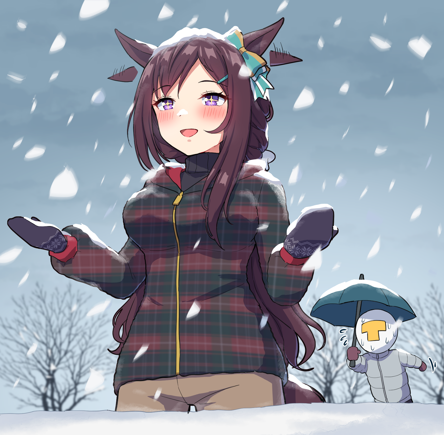 takiki, mejiro dober (umamusume), t-head trainer (umamusume), trainer (umamusume), umamusume, commentary request, highres, + +, 1girl, 1other, :d, afterimage, animal ears, black mittens, blue bow, blue umbrella, blush, bow, breasts, brown gloves, brown hair, brown pants, ear bow, ear wiggle, flying sweatdrops, gloves, grey jacket, hair ornament, hairclip, hands up, holding, holding umbrella, horse ears, horse girl, horse tail, jacket, long hair, long sleeves, medium breasts, mittens, motion lines, open mouth, outdoors, overcast, pants, plaid clothes, plaid jacket, puffy long sleeves, puffy sleeves, purple eyes, running, sky, smile, snow, snowing, tail, umbrella, very long hair