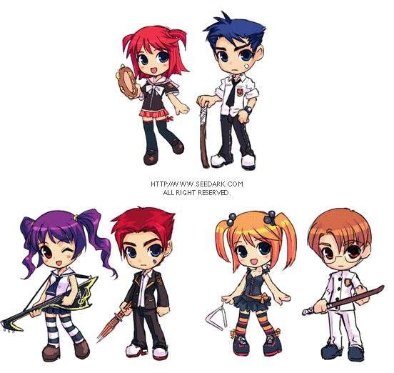 seedark, original, 3boys, 3girls, blue eyes, blue hair, brown hair, chibi, dress, guitar, instrument, multiple boys, multiple girls, orange hair, purple eyes, purple hair, red eyes, red hair, school uniform, shoes, skirt, thighhighs, transparent background
