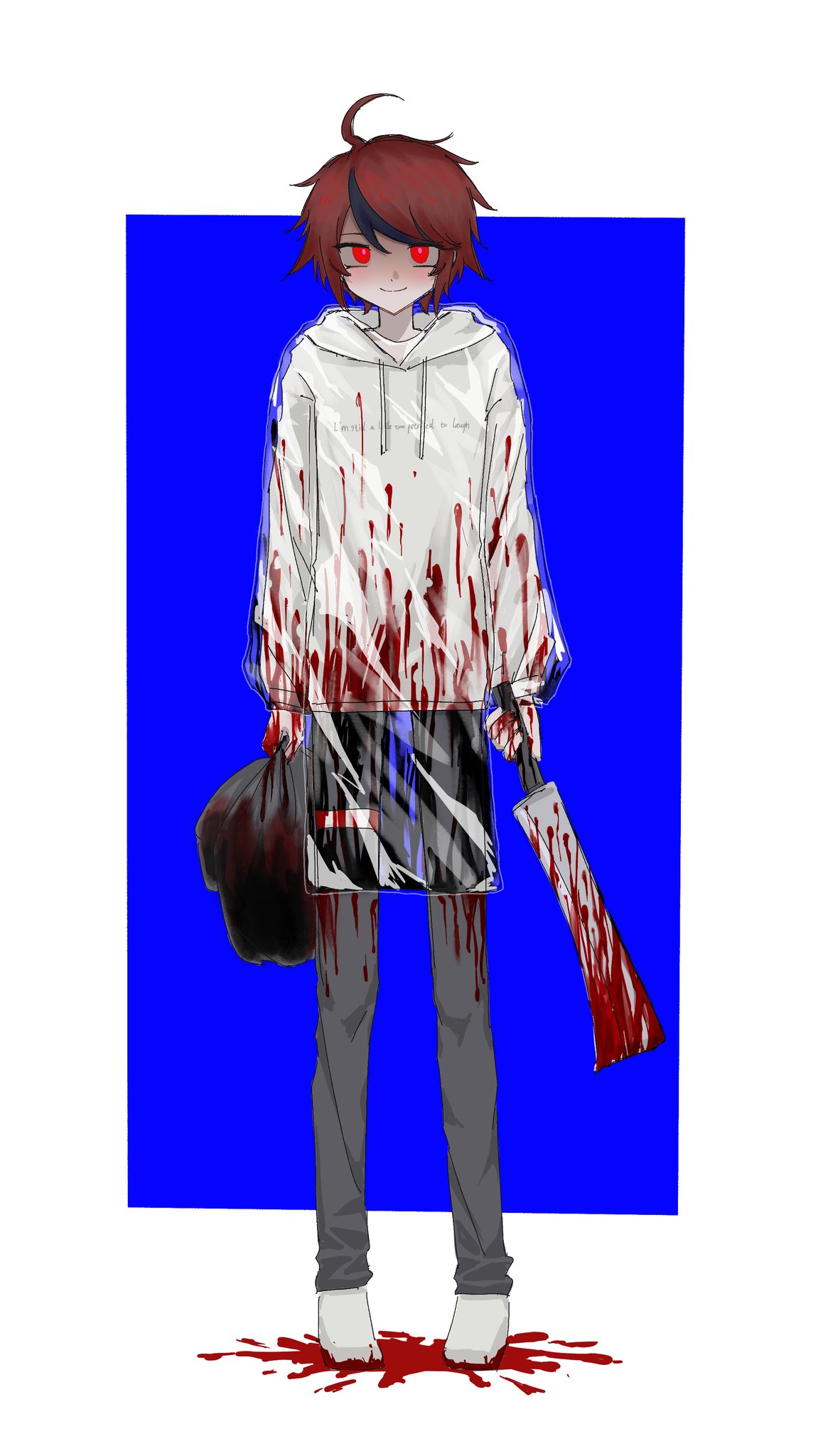 sumino takumi, the hundred line -last defense academy-, commentary, highres, spoilers, symbol-only commentary, 1boy, ahoge, black hair, black pants, blood, blood on clothes, blood on ground, blood on hands, bloody weapon, blush, cleaver, closed mouth, drawstring, full body, hair between eyes, holding, holding cleaver, hood, hood down, hoodie, implied murder, long sleeves, looking at viewer, male focus, multicolored hair, namememero, official alternate eye color, pants, raincoat, red eyes, red hair, sanpaku, see-through clothes, see-through raincoat, shoes, short hair, smile, solo, streaked hair, thigh strap, trash bag, two-tone hair, weapon, white hoodie, white shoes