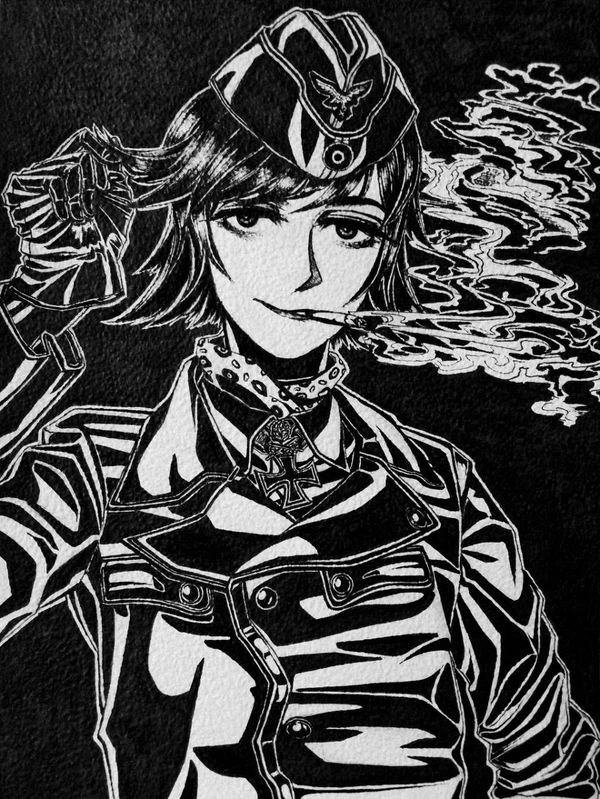 original, photo (medium), 1girl, belt, bordfunker133, cigarette, cross, german text, gloves, greyscale, hat, iron cross, jacket, leather, leather belt, leather gloves, leather jacket, looking at viewer, luftwaffe, marcel (nachtjager-chan), military uniform, monochrome, nazi, pants, reichsadler, short hair, smile, smoke, solo, upper body, world war ii