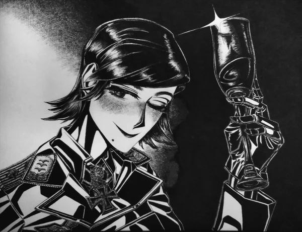 original, photo (medium), 1girl, belt, bordfunker133, cross, cup, epaulettes, german text, gloves, greyscale, holding, holding cup, iron cross, jacket, leather, leather belt, leather gloves, leather jacket, looking at viewer, marcel (nachtjager-chan), military uniform, mole, monochrome, nazi, one eye closed, reichsadler, shirt, short hair, solo, upper body, world war ii