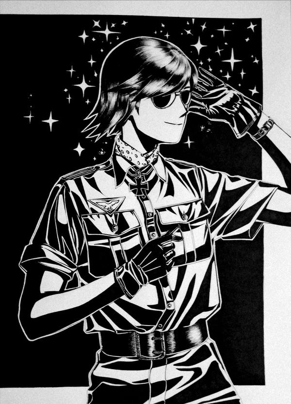 original, photo (medium), 1girl, belt, bordfunker133, cross, german text, gloves, greyscale, iron cross, leather, leather belt, leather gloves, looking to the side, marcel (nachtjager-chan), military uniform, monochrome, nazi, no jacket, pants, shirt, short hair, short sleeves, smile, solo, sunglasses, upper body, world war ii