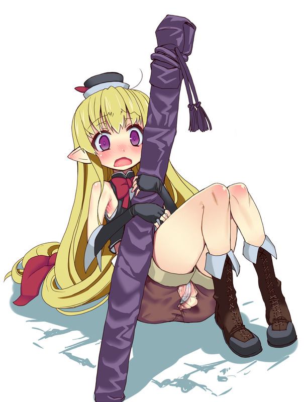 makaroni, lisa (seiken no blacksmith), seiken no blacksmith, 00s, blonde hair, blush, boots, fingerless gloves, gloves, hat, loli, long hair, mini hat, pointy ears, purple eyes, shorts, solo, torn clothes