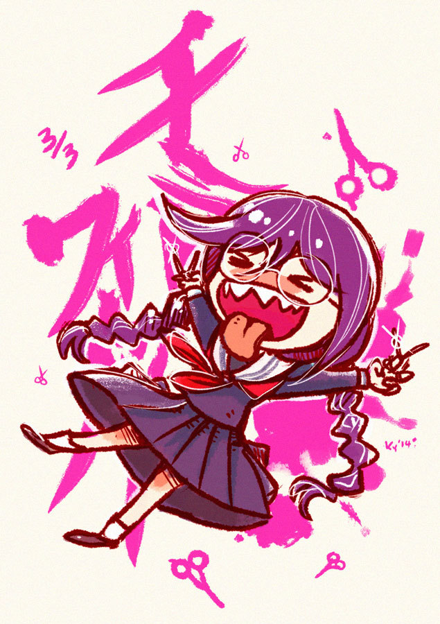 kounyoukai, fukawa toko, genocider shou, danganronpa: trigger happy havoc, danganronpa (series), commentary, english commentary, > <, 1girl, blush, braid, brown shoes, chibi, chibi only, closed eyes, collared shirt, full body, glasses, glint, hair between eyes, holding, holding scissors, holding weapon, long hair, long sleeves, neckerchief, open mouth, outline, purple hair, purple serafuku, purple shirt, purple skirt, red neckerchief, round eyewear, sailor collar, school uniform, scissors, serafuku, sharp teeth, shirt, shoes, skirt, skirt set, smile, socks, solo, teeth, tongue, tongue out, twin braids, twintails, upper teeth only, weapon, white background, white outline, white sailor collar, white socks