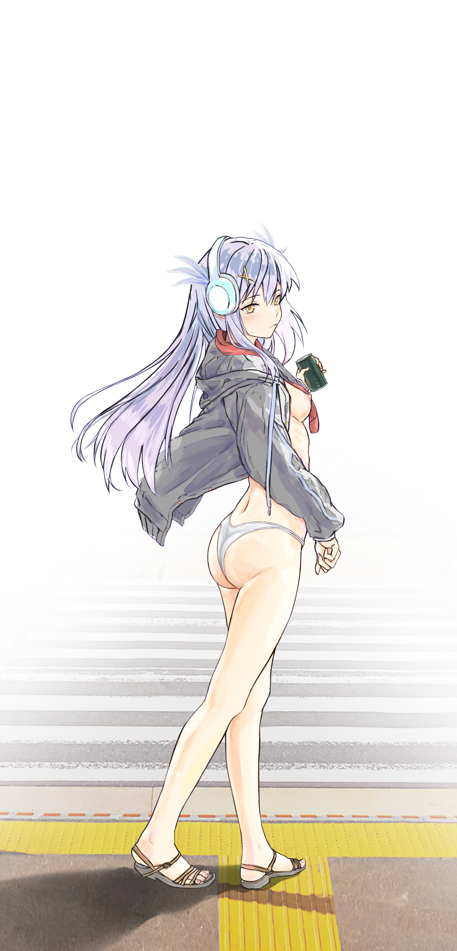 user xxxa2348, original, highres, 1girl, ass, breasts, brown eyes, can, casual nudity, crosswalk, expressionless, female focus, headphones, jacket, long hair, nipples, no bra, open clothes, panties, sandals, scarf, sidewalk, small breasts, solo, underwear, white hair, white panties
