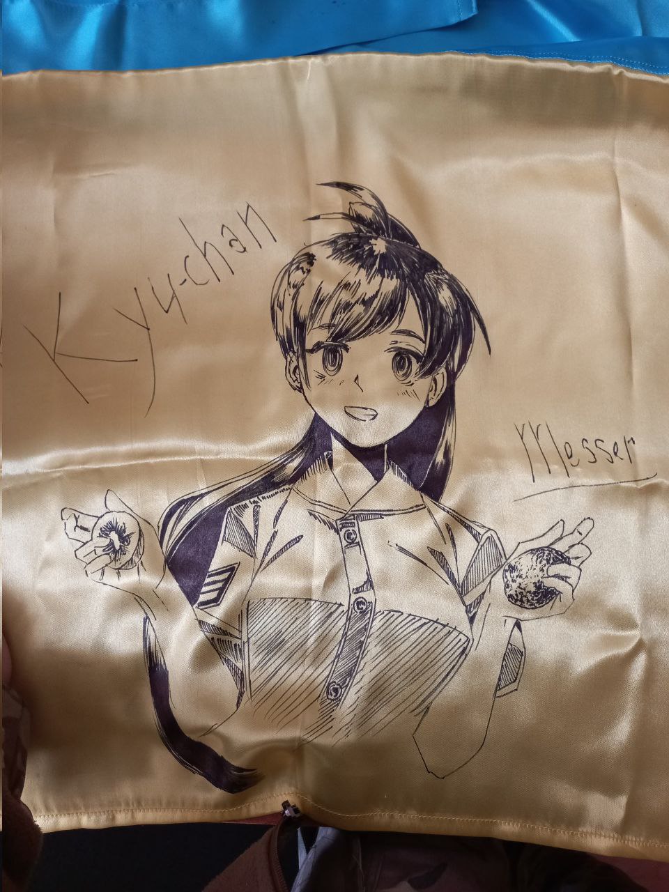 manaia matawhaura hato, luminous witches, world witches series, highres, photo (medium), 1girl, blush, bordfunker133, breasts, food, fruit, grin, holding, holding food, holding fruit, long hair, looking at viewer, medium breasts, new zealand, new zealand army, ponytail, sketch, smile, solo, ukrainian flag, upper body