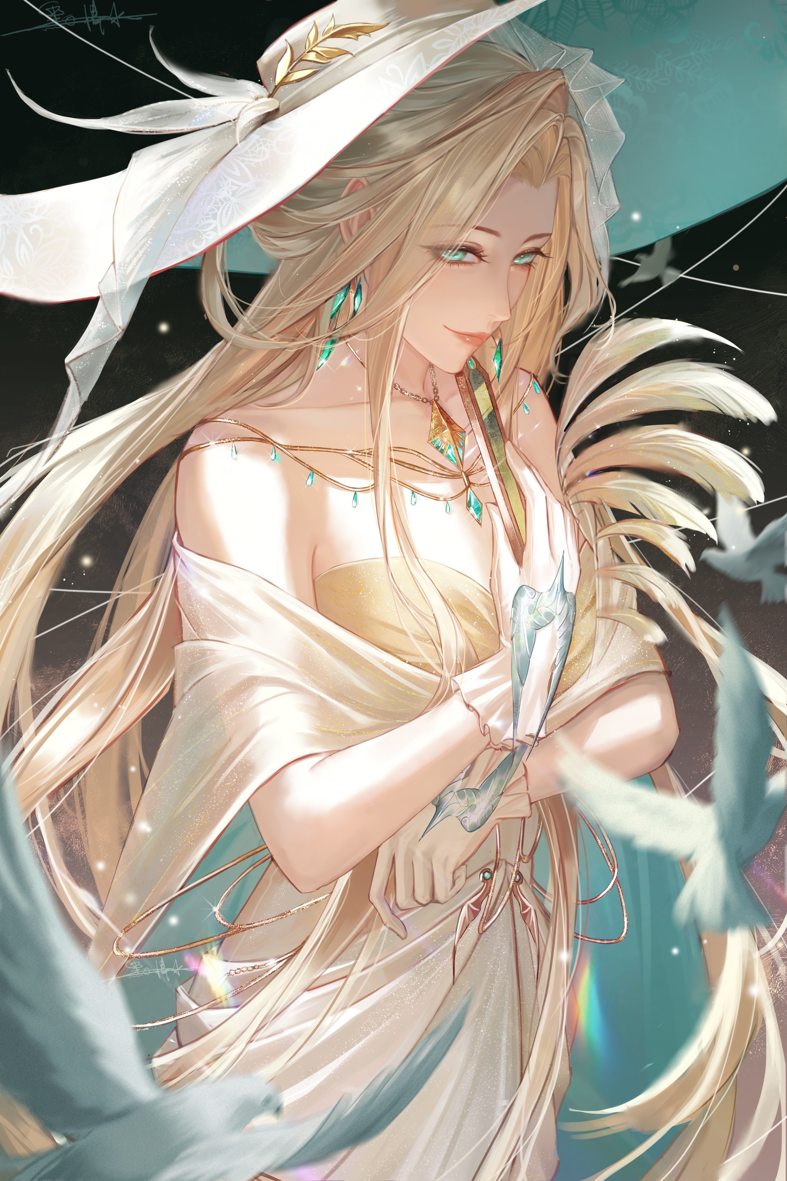 heibai bangbing, path to nowhere, absurdres, highres, 1girl, bare shoulders, bird, black background, blonde hair, blurry, blurry background, collarbone, crossed arms, dove, dress, earrings, floating hair, folding fan, forehead, from side, glitter makeup, gloves, gold dress, green eyes, hand fan, hat, hat ornament, holding, holding fan, jewelry, large hat, leaf hat ornament, long hair, looking at viewer, margaret (path to nowhere), necklace, parted bangs, plant print, print hat, sideways glance, smile, solo, strapless, strapless dress, upper body, very long hair, white bird, white gloves